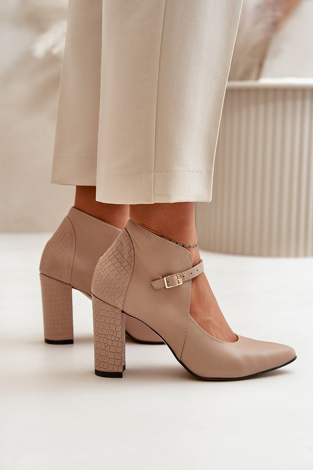 Gold buckle Cross Ankle Strap Pumps
