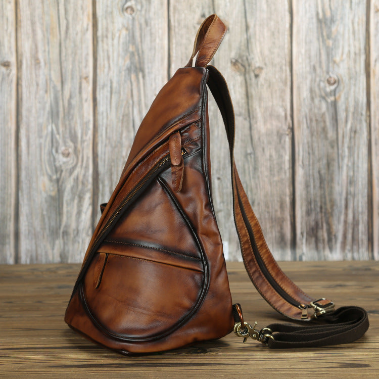 Vintage Unisex Layered Cowhide One Shoulder Diagonal Span Backpack