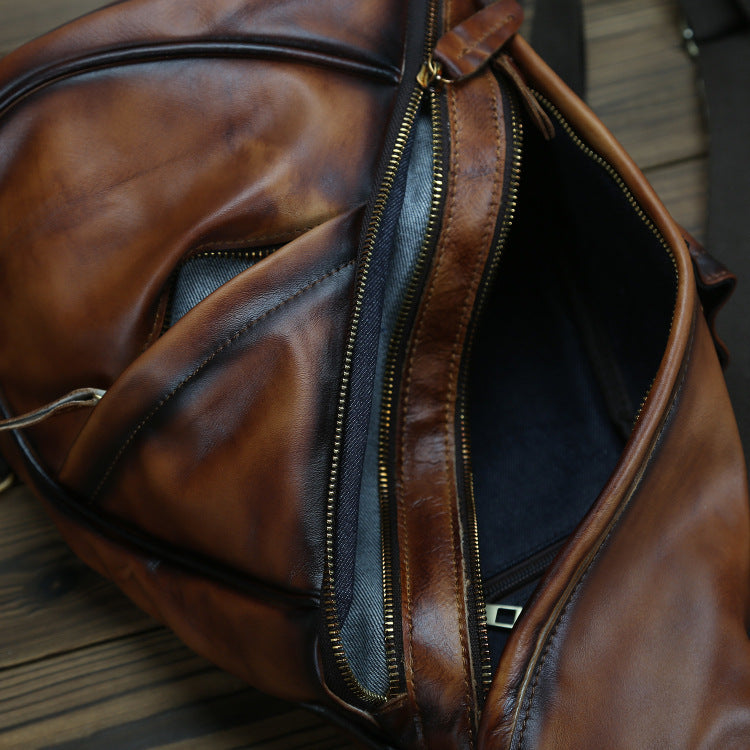 Vintage Unisex Layered Cowhide One Shoulder Diagonal Span Backpack