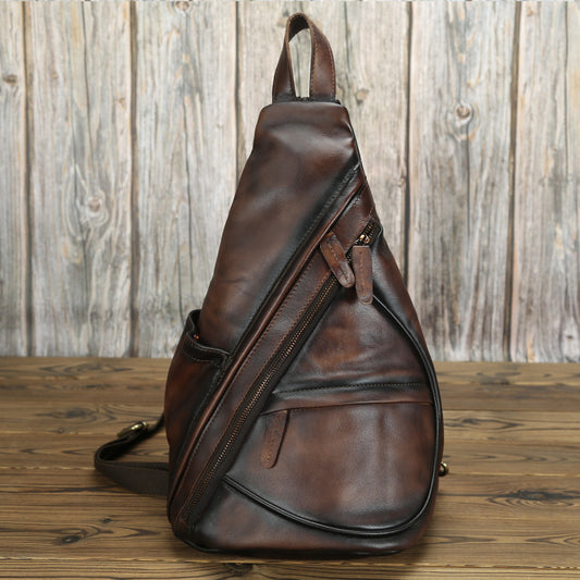 Vintage Unisex Layered Cowhide One Shoulder Diagonal Span Backpack