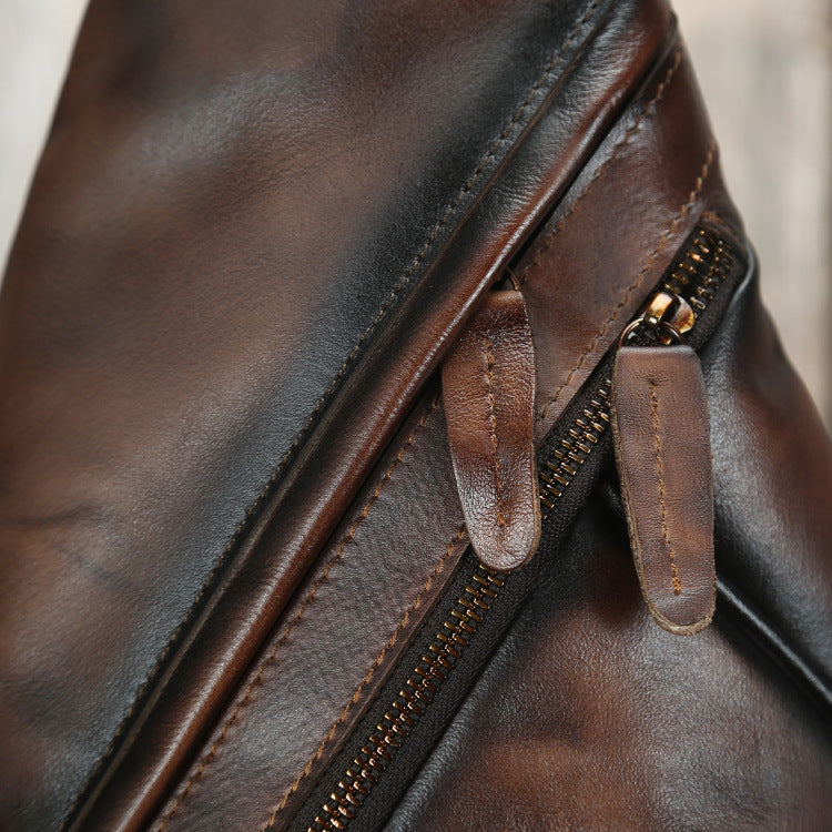 Vintage Unisex Layered Cowhide One Shoulder Diagonal Span Backpack