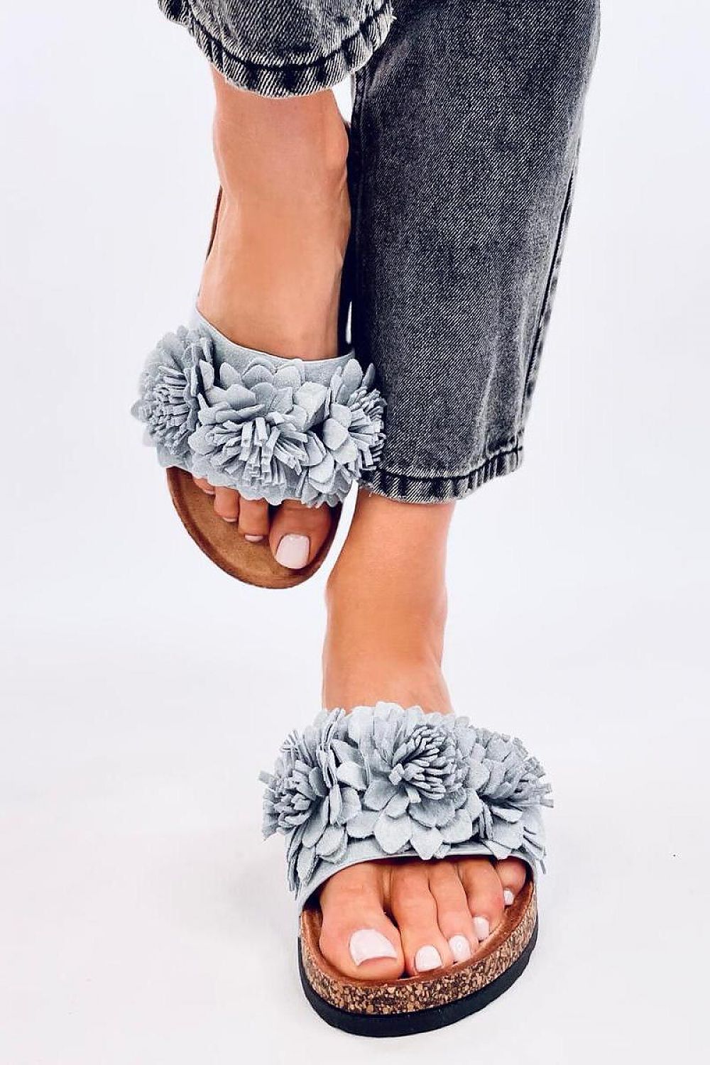 Floral Cork Bottom Slides(Blue)