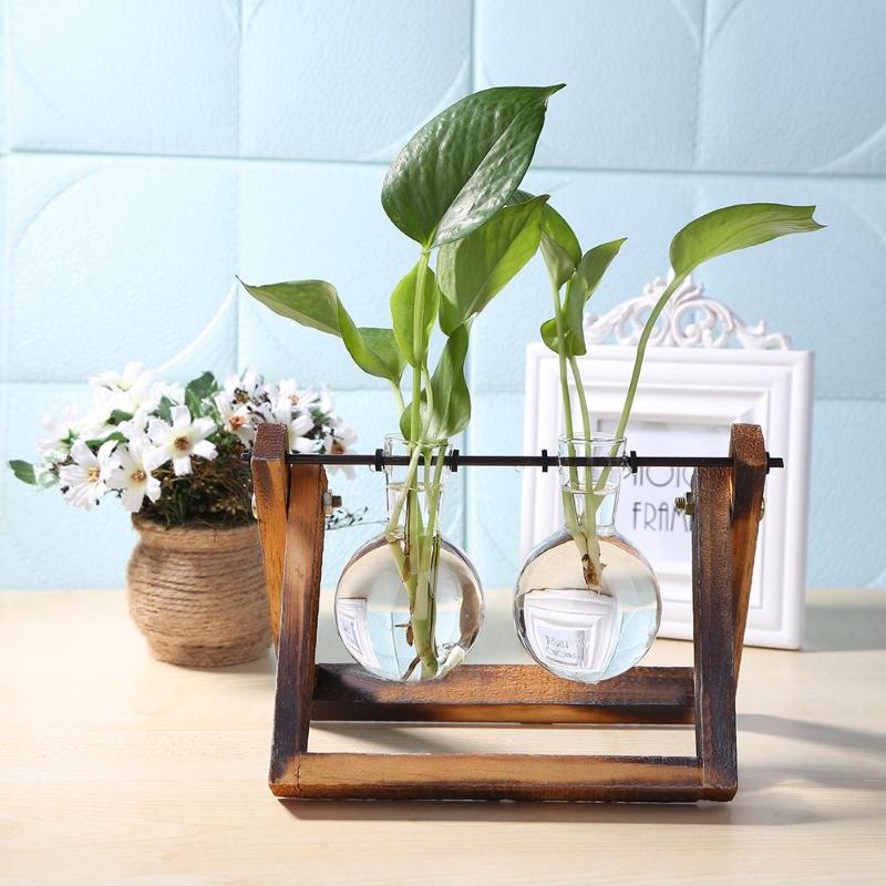 Desktop Glass and Wood Vase Planter